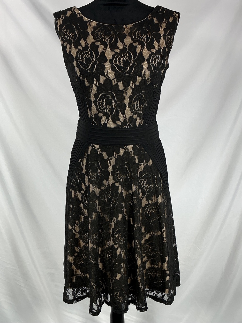 Danny & Nicole Womens 10 Black Lace Overlay Nude Fit and Flare Cocktail Dress M